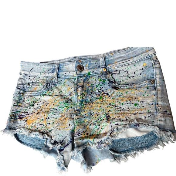 Custom Upcycled Splash Paint American Eagle Denim Shorts, Size 10. - Picture 1 of 6